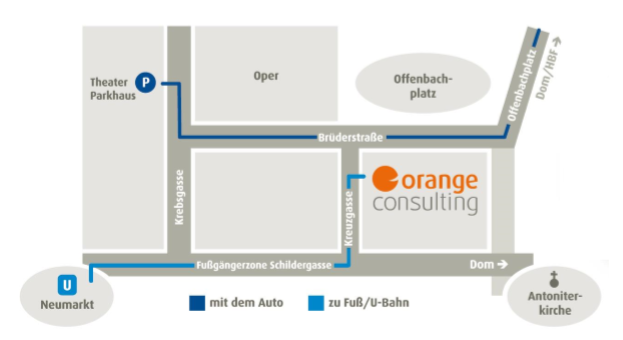 Orange Consulting ist sowohl zu Fuß über die Schildergasse, mit der U-Bahn bei Neumarkt und mit dem Auto über die Brüderstraße erreichbar, in der Kreuzgasse